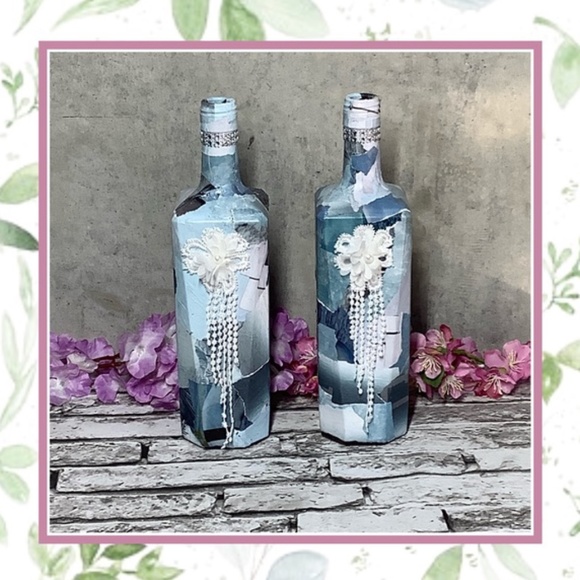 🎀 2PC BOTTLE DECOR BLUE BOHO FLOWER FRINGE BLING HOME DECORATION PARTY KITCHEN - Picture 1 of 8